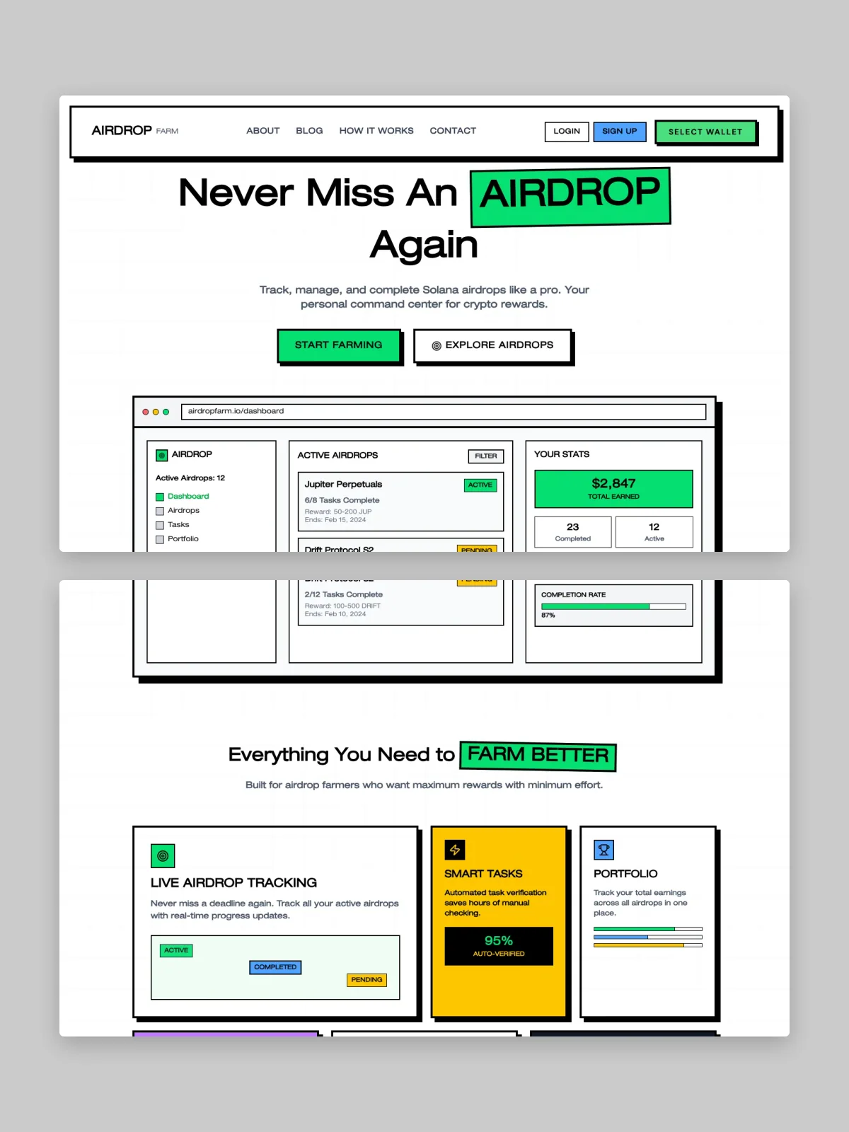 Two AIRDROPFARM website screens stacked on grey