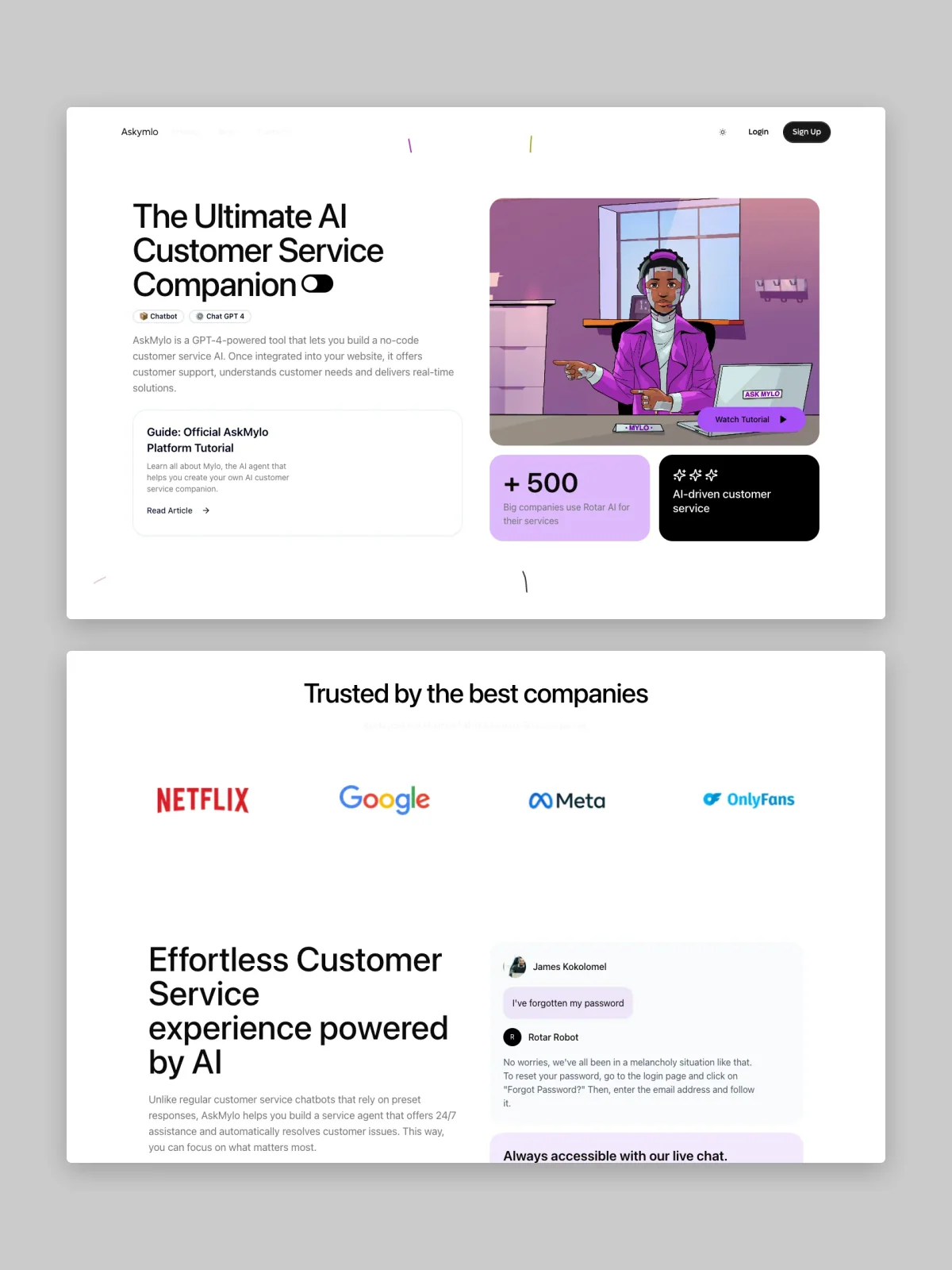 Two AskMylo v2 website screens stacked on grey