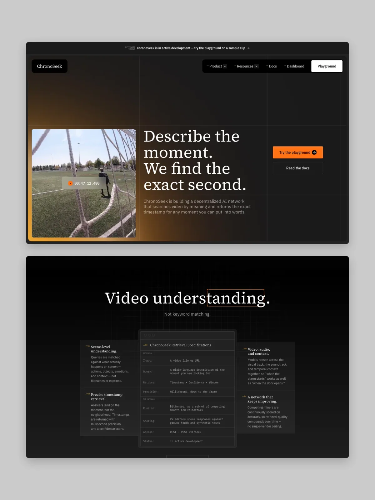 Two CHRONOSEEK website screens stacked on grey