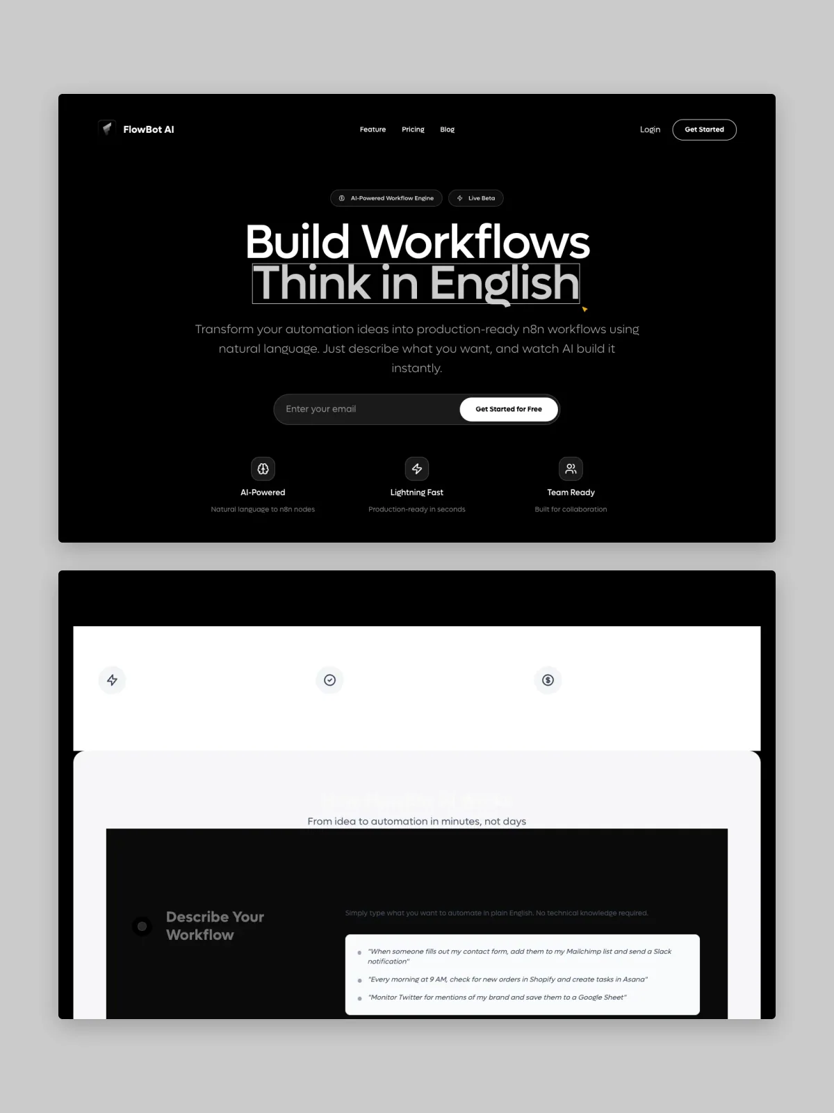 Two FLOWBOT AI website screens stacked on grey