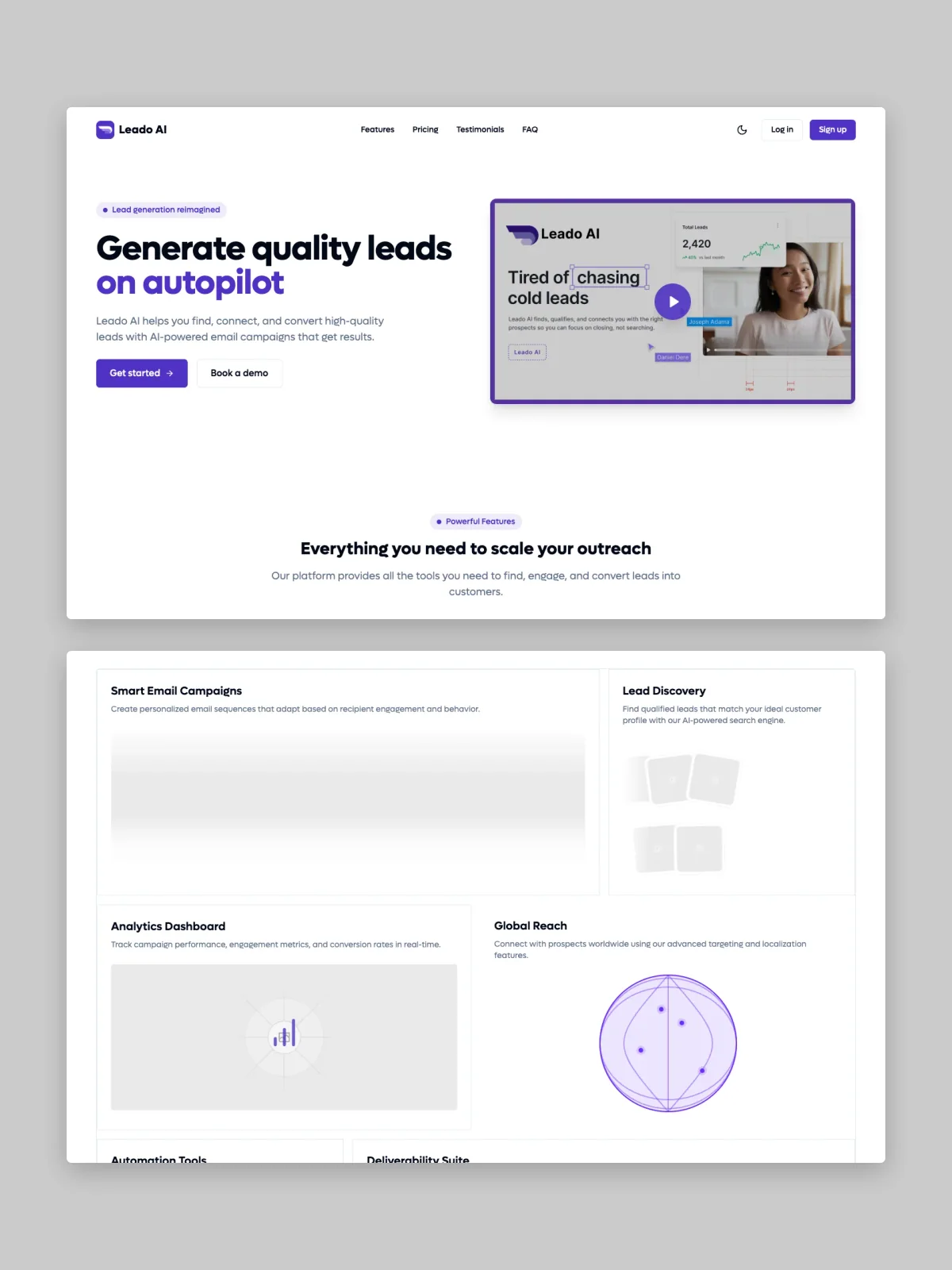 Two LEADO AI website screens stacked on grey