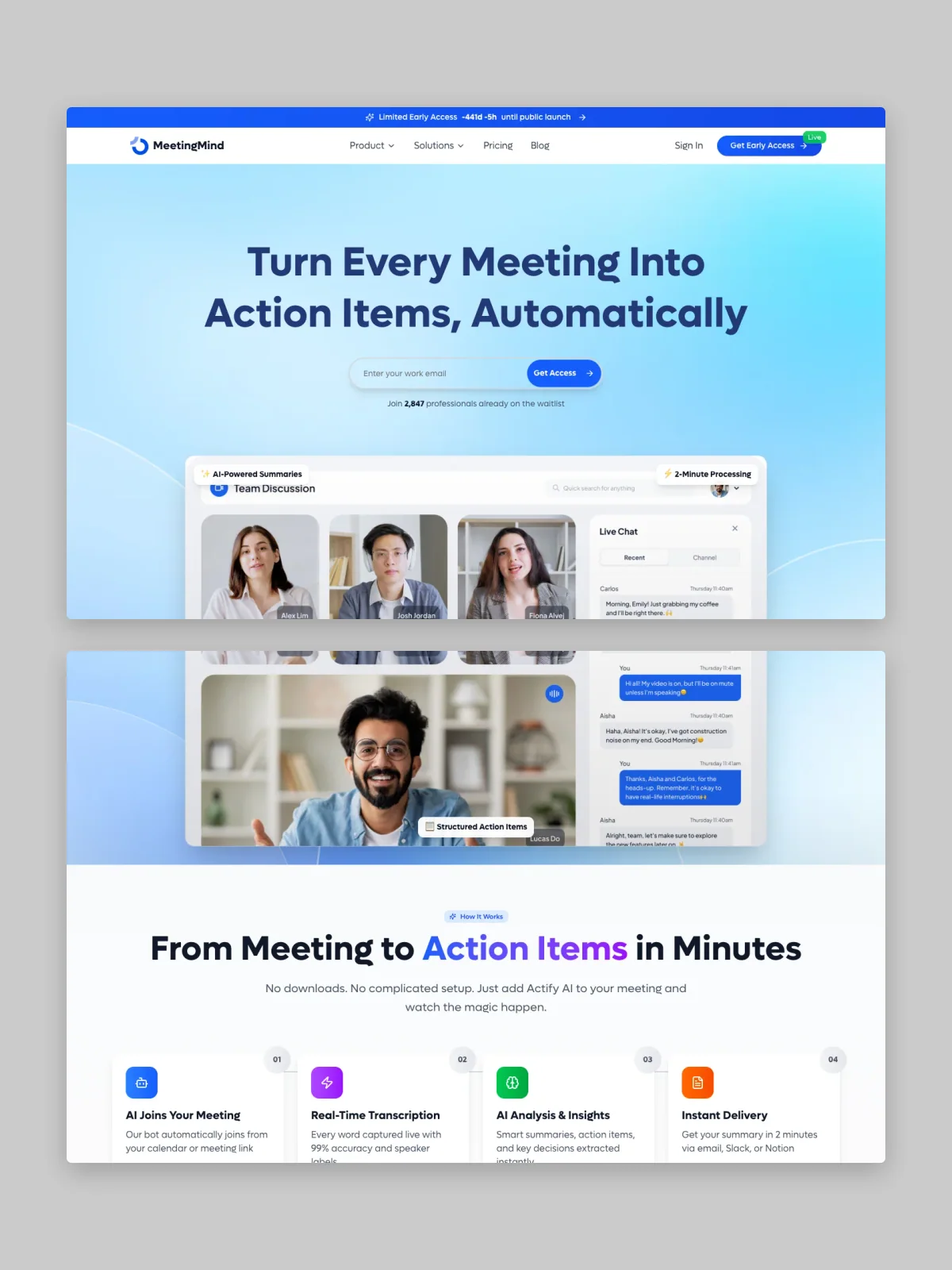 Two MEETINGMIND website screens stacked on grey