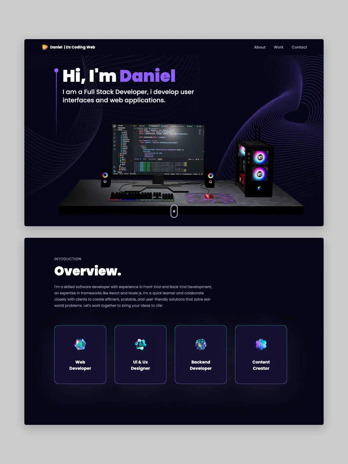 Two Portfolio 2023 website screens stacked on grey