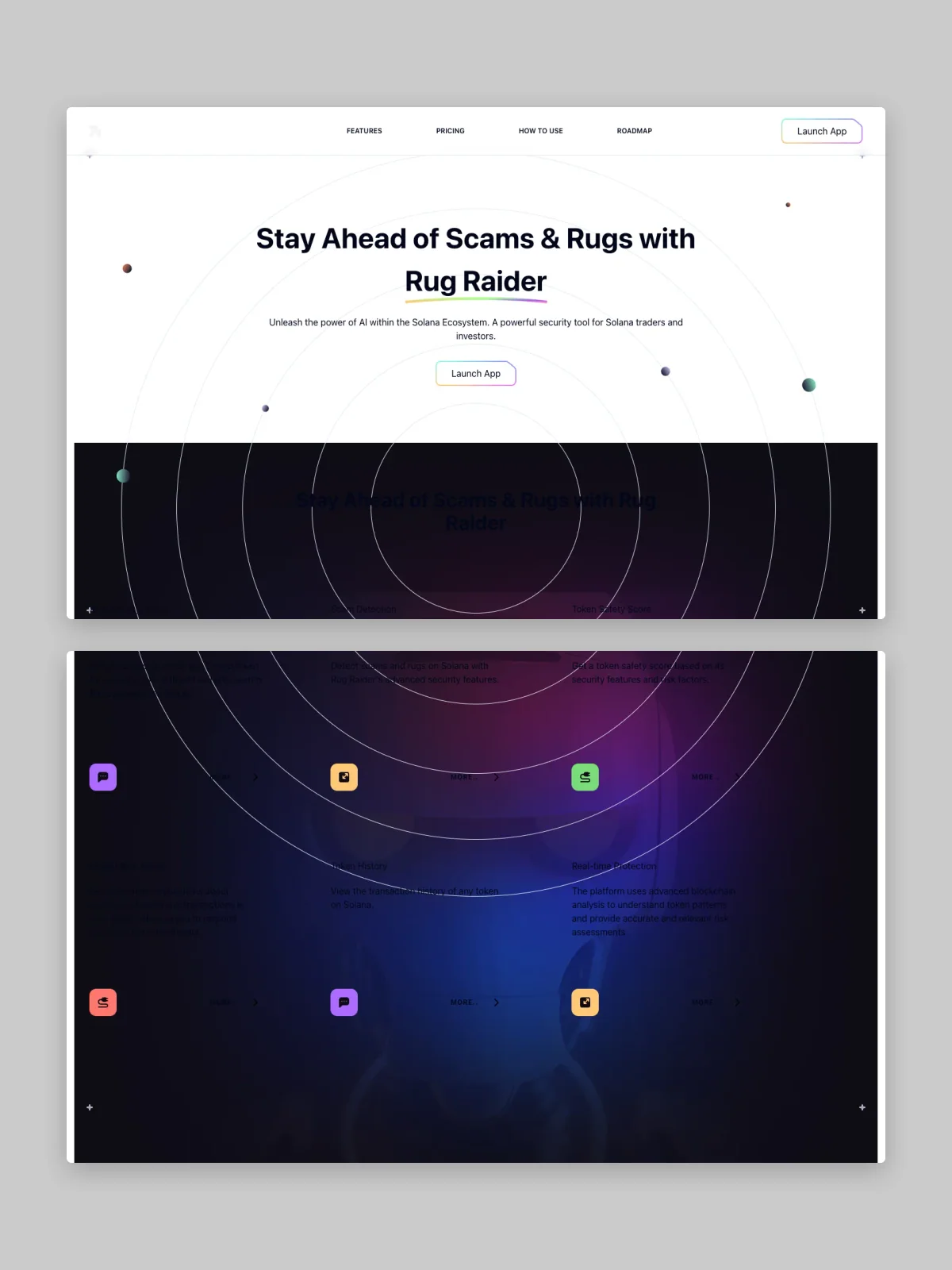 Two Rug Raider (Solana) website screens stacked on grey