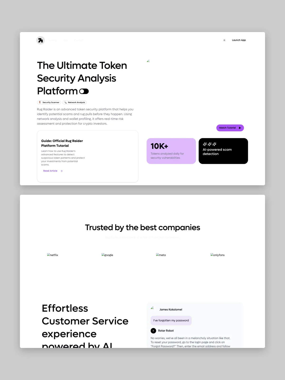 Two RUG RAIDER website screens stacked on grey