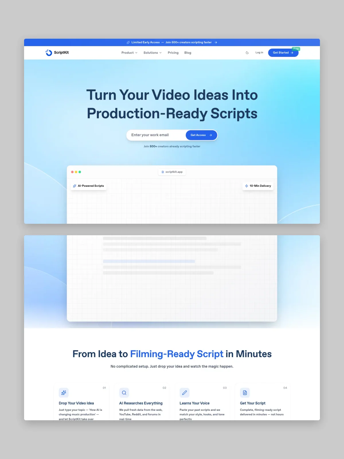 Two SCRIPTKIT website screens stacked on grey