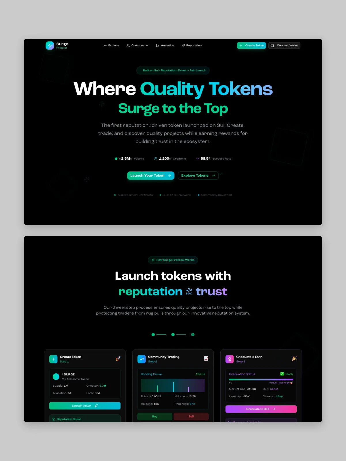 Two SURGE website screens stacked on grey