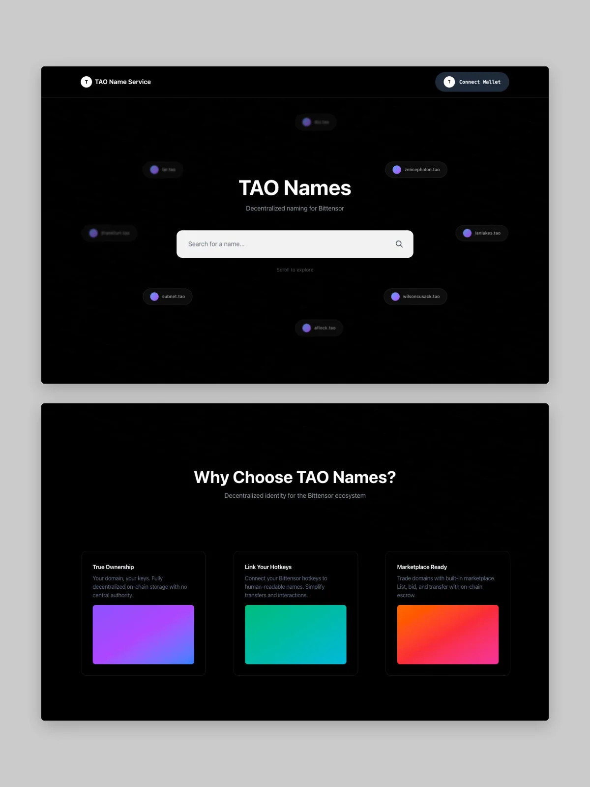 Two TAO NAMES website screens stacked on grey